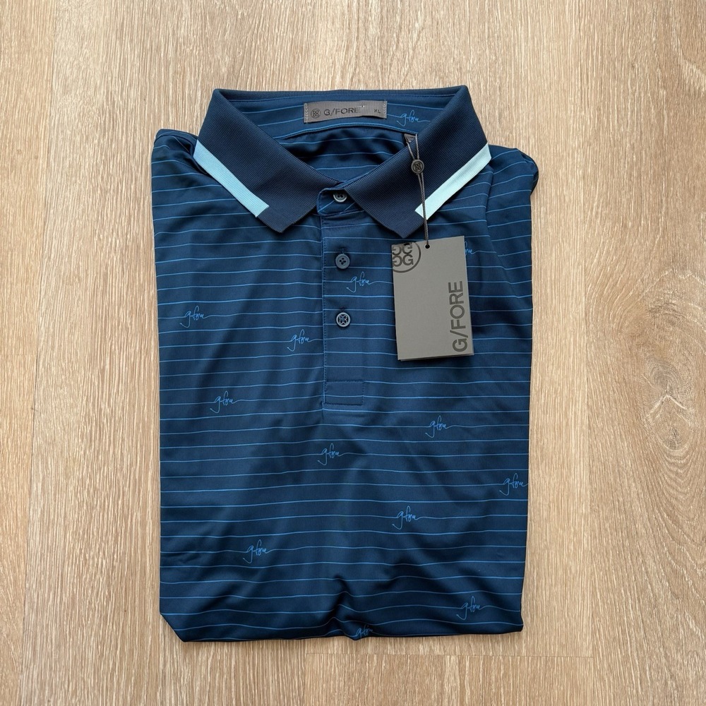 Men's Navy Striped Performance Polo Shirt by G/Fore - Picture 3 of 9